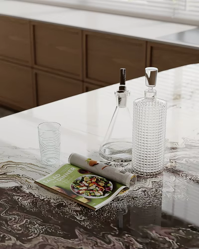 Decorative Ornament Set with Transparent Glass Conical Flask Textured Bottle and Magazine on White Tabletop 3d model