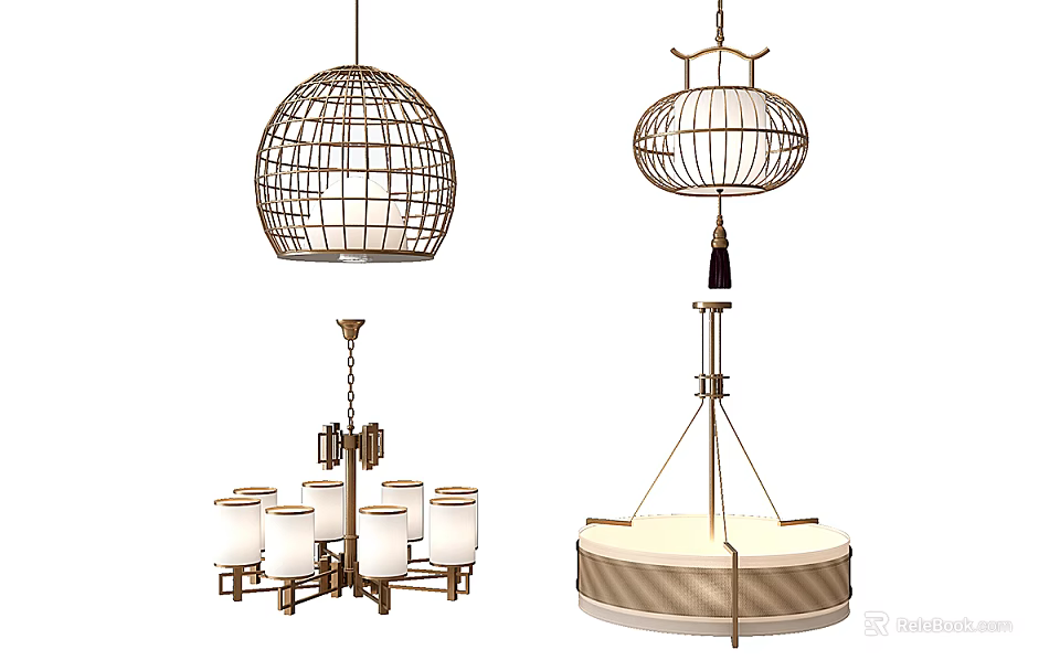 Various Elegant Chandeliers With Metal Frames Glass Shades And Tassel Details 3d model 