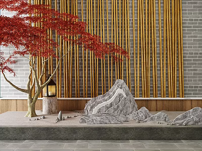 Garden Ornaments With Red Maple Tree Lantern Bamboo Screen Rockery Stones And Wooden Platform 3d model