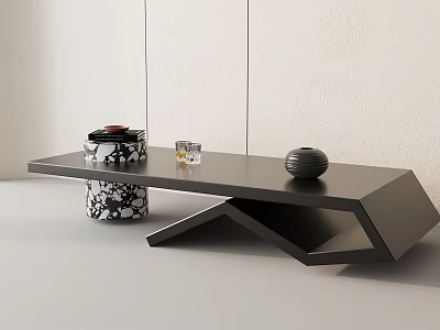 Modern Black Coffee Table With Geometric Design And Decorative Items On Surface 3d model