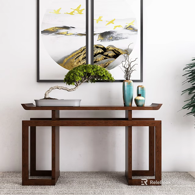 Wooden Console Table with Bonsai Plant Blue Ceramic Vases and Gold Black Landscape Paintings 3d model 