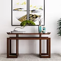 Wooden Console Table with Bonsai Plant Blue Ceramic Vases and Gold Black Landscape Paintings