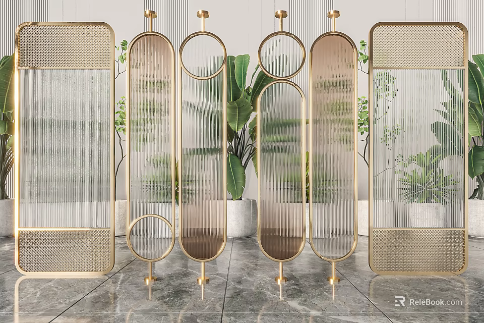 Modern Decorative Room Dividers With Golden Frames Circular Designs And Transparent Panels With Green Plants 3d model 