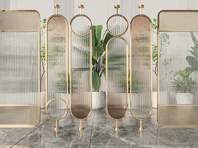 Modern Decorative Room Dividers With Golden Frames Circular Designs And Transparent Panels With Green Plants 3d model
