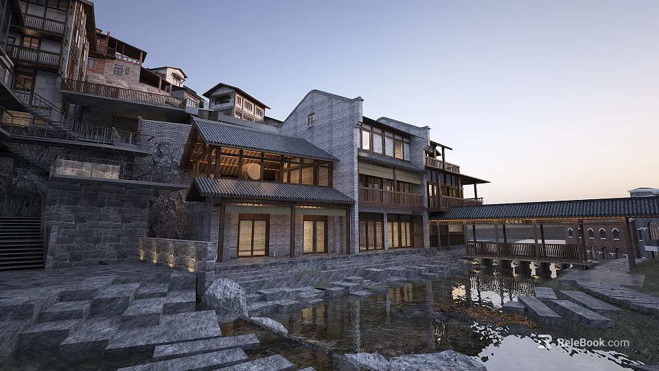 Traditional Chinese Style Commercial Street By Water With Stone Steps 3d model 