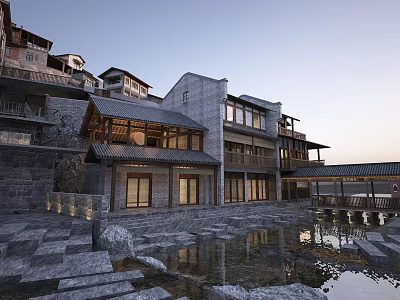 Traditional Chinese Style Commercial Street By Water With Stone Steps 3d model