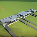 Modern Architectural Structure With Gray Roof And Extended Elements In Green Setting 3d model