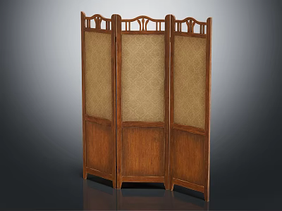 Wooden Three Panel Room Divider Screen With Folding Design And Woven Fabric Panels 3d model