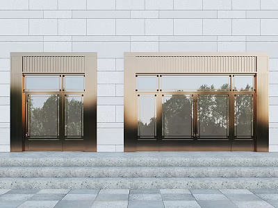 Brushed Brass Double Gates With Glass Panels Against White Brick Wall And Stone Steps 3d model