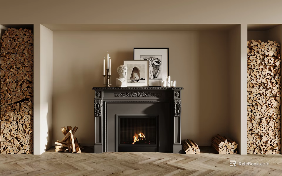 Classic Dark Fireplace Interior With Decor Firewood And Herringbone Floor 3d model 