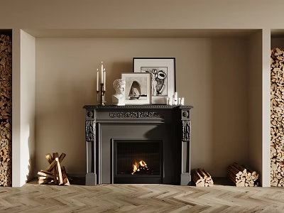 Classic Dark Fireplace Interior With Decor Firewood And Herringbone Floor 3d model