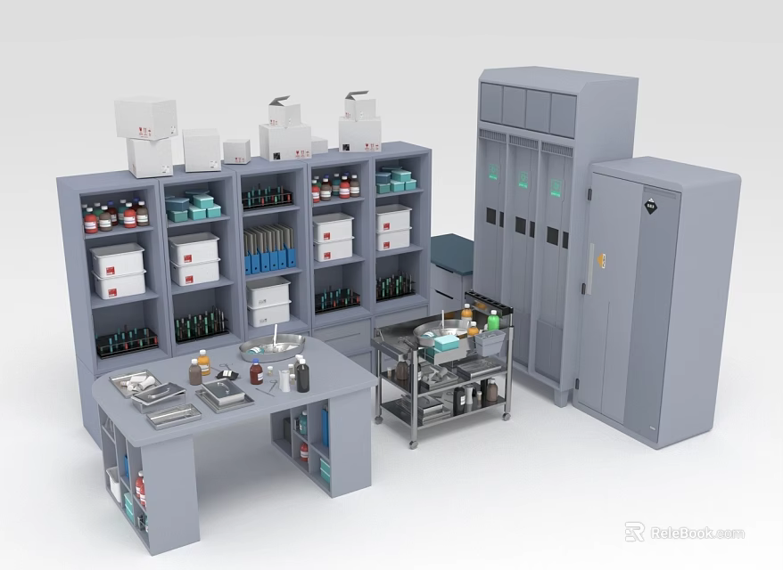 Grey Storage Room Furniture With Cabinets Shelves Workbench And Organized Items 3d model 