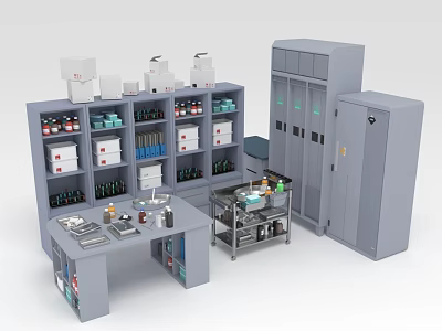 Grey Storage Room Furniture With Cabinets Shelves Workbench And Organized Items 3d model