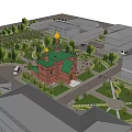 Ancient Red Brick Architecture With Golden Domes Green Roof Arched Doors Trees And Benches