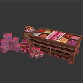 Wooden Table With Divided Compartments Holding Colorful Candies Pink Boxes Small Jars And Wooden Barrel
