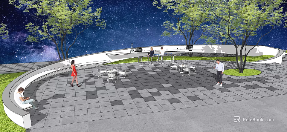 Comfortable Outdoor Chairs In Starry Night Plaza With Trees And Tables For Leisure 3d model 