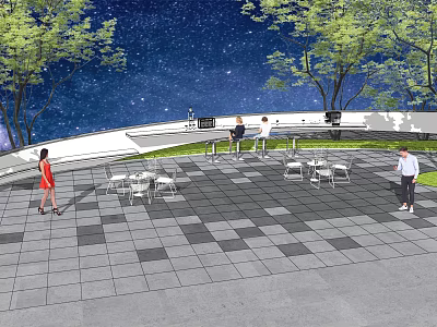 Comfortable Outdoor Chairs In Starry Night Plaza With Trees And Tables For Leisure 3d model