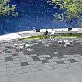 Comfortable Outdoor Chairs In Starry Night Plaza With Trees And Tables For Leisure