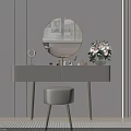 Modern Beige Dressing Table With Round Mirror Table Lamp Stool And Potted Plant 3d model