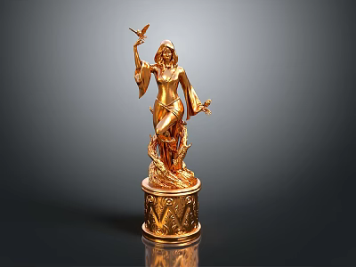 Golden Female Statue With Bird In Hand And Decorative Pedestal 3d model