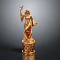 Golden Female Statue With Bird In Hand And Decorative Pedestal