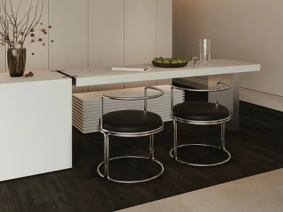 Elegant Modern Dining Table Set With White Tabletop Black Leather Chairs And Metal Frames 3d model