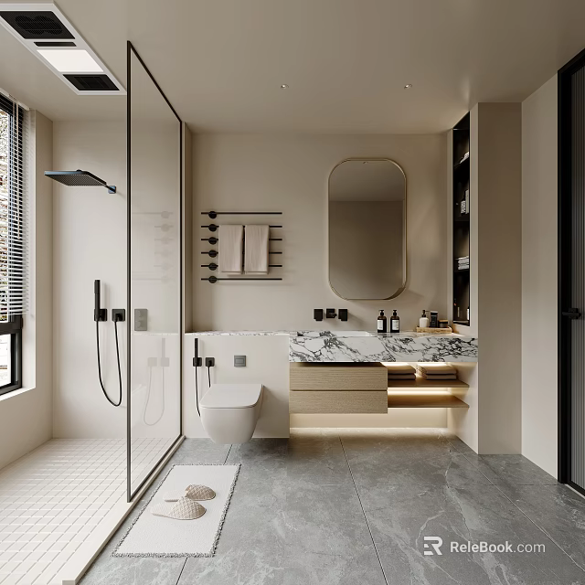 Modern Minimalist Bathroom Interior Featuring Glass Shower Toilet Round Mirror Soft Lighting And Marble Vanity 3d model 