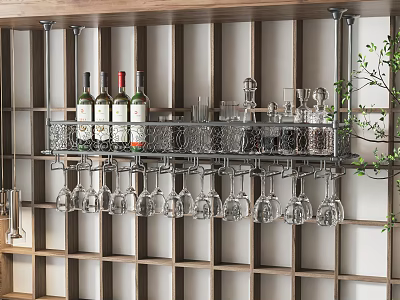 Stylish Wine Cabinet With Wine Bottles And Hanging Wine Glasses On Decorative Metal Rack 3d model