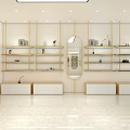 Modern Boutique Store With Green Shelves Gold Frames Circular Mirrors White Walls And Marble Counter