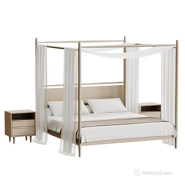 Modern Four Poster Double Bed With White Drapes And Light Colored Nightstands 3d model 