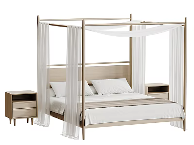 Modern Four Poster Double Bed With White Drapes And Light Colored Nightstands 3d model
