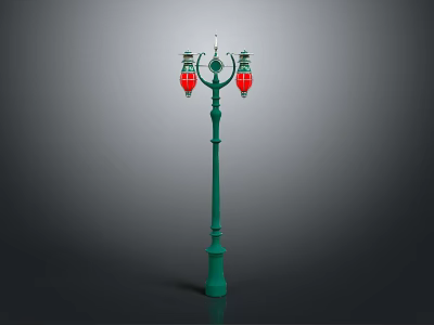Vintage Outdoor Furniture Street Lamp With Green Pole And Red Lanterns 3d model