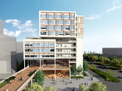Modern Multi Story School Building With Glass Windows Outdoor Courtyard And Greenery 3d model
