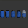 Five Blue Containers With Sealed Barrels And Transparent Jar Containing Ice Cubes And Spilled Liquid 3d model