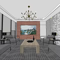 Modern Meeting Room Interior With Large Windows Brick Wall Chandelier And City View TV