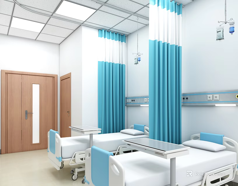 Hospital Ward Interior With Two Beds Blue Curtains Wooden Doors And Medical Equipment 3d model 