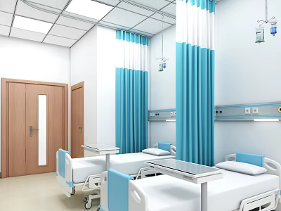 Hospital Ward Interior With Two Beds Blue Curtains Wooden Doors And Medical Equipment 3d model