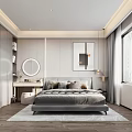 Modern Bedroom Interior With Bed Gray Built-in Wardrobe Dressing Table And Round Mirror 3d model