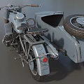 Vintage Motorcycle with Light Blue Sidecar Brown Seats and Spare Tire on Roof