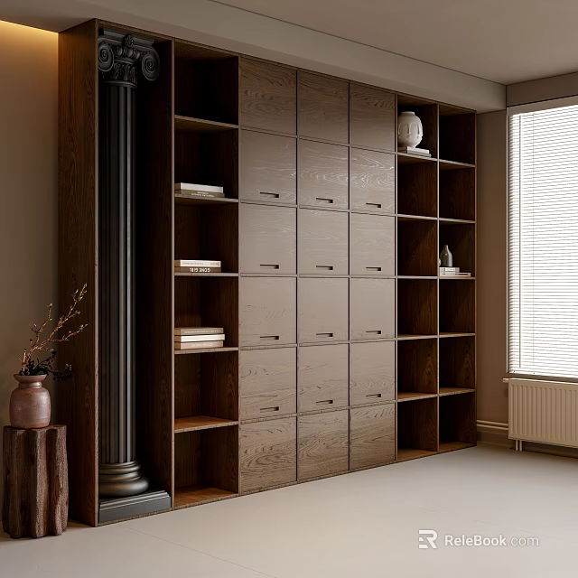 Modern Wooden Bookcase Interior Design With Cabinets Shelves And Decorative Vase Near Window 3d model 