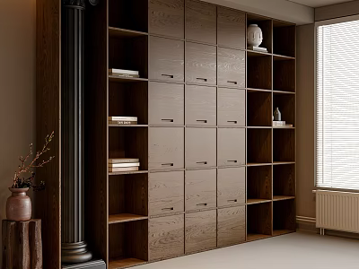 Modern Wooden Bookcase Interior Design With Cabinets Shelves And Decorative Vase Near Window 3d model