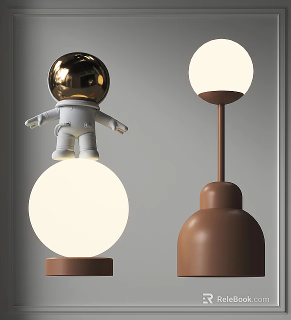 Modern Lighting Combination With Gold Astronaut Figure White Spherical Lamps And Brown Round Bases 3d model 