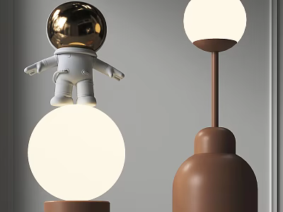 Modern Lighting Combination With Gold Astronaut Figure White Spherical Lamps And Brown Round Bases 3d model