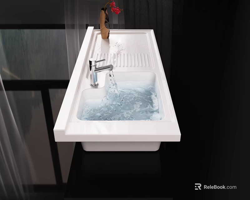 Modern White Washbasin With Flowing Water And Red Flower Vase On Countertop With Curtain View 3d model 