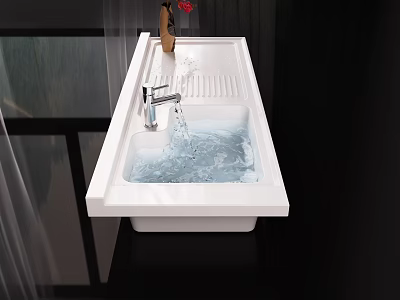 Modern White Washbasin With Flowing Water And Red Flower Vase On Countertop With Curtain View 3d model