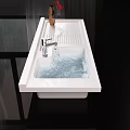 Modern White Washbasin With Flowing Water And Red Flower Vase On Countertop With Curtain View
