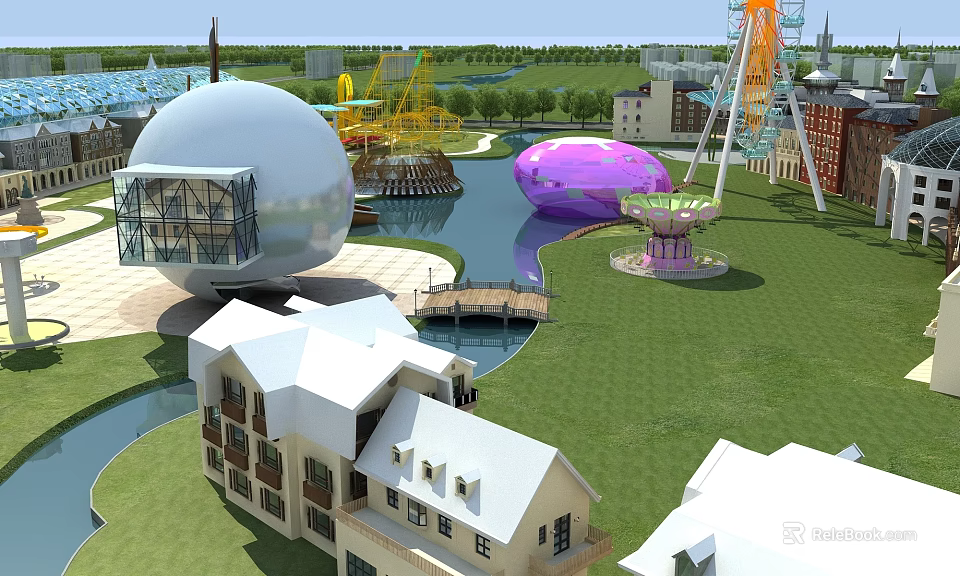 Amusement Park With White Spherical Building Purple Egg Shaped Structure Ferris Wheel River Green Lawn 3d model 