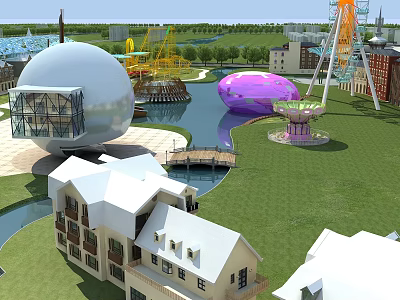 Amusement Park With White Spherical Building Purple Egg Shaped Structure Ferris Wheel River Green Lawn 3d model