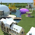 Amusement Park With White Spherical Building Purple Egg Shaped Structure Ferris Wheel River Green Lawn