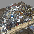 Pile of Mixed Waste Metal Scraps Plastic Paper Near Stone Wall With Blue Plate Grid